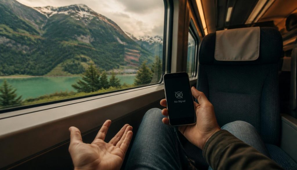 Confused tourist without Europe travel internet on a train