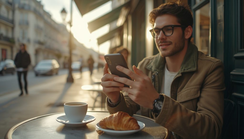 Relaxed tourist using eSIM instead of plastic SIM cards in a cafe
