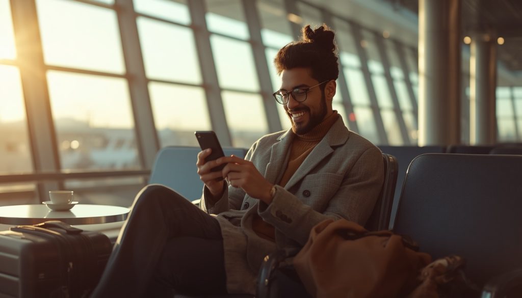 Traveler using RoamyJet eSIM to avoid roaming bills at the airport