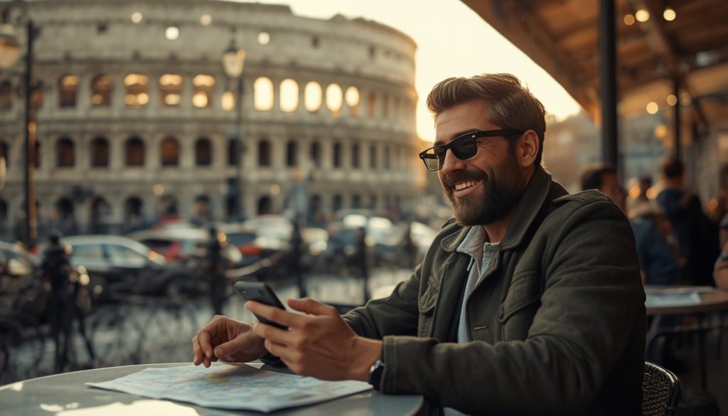 Traveler using seamless Europe travel internet