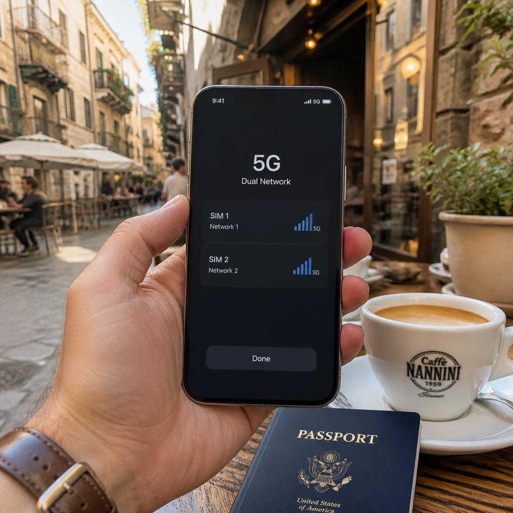 Tourist safely using phone and practical eSIM advantages in a cafe