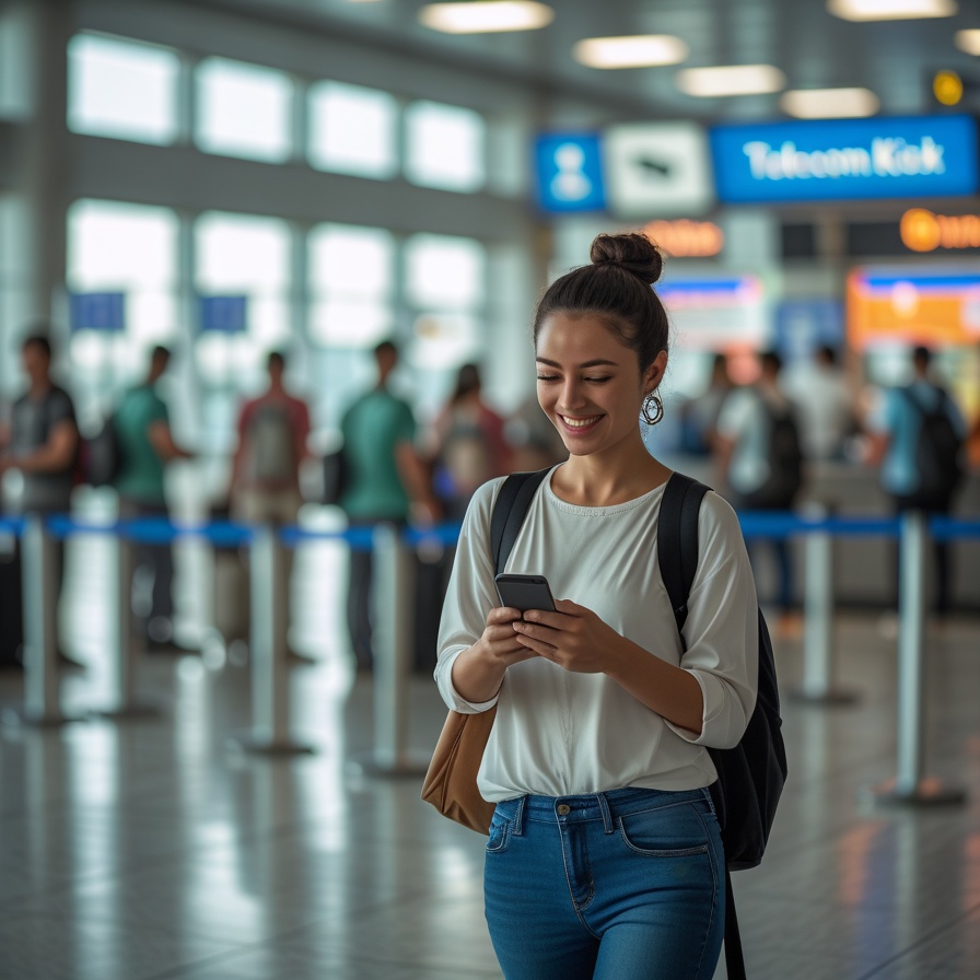 Traveler enjoying practical eSIM advantages at the airport