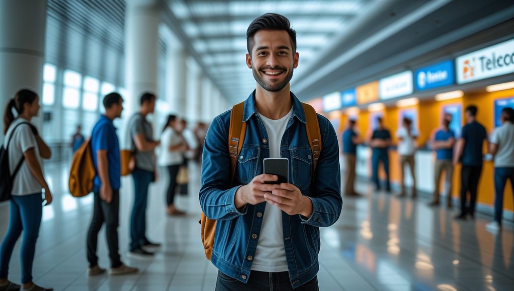 Traveler researching eSIM vs physical SIM on a smartphone at the airport